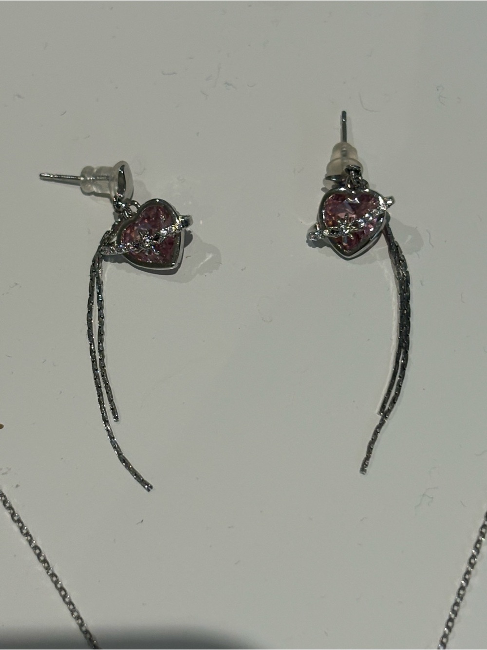 Sterling Silver Pink Crystal Heart Necklace and Earring Set - Picture 2 of 4